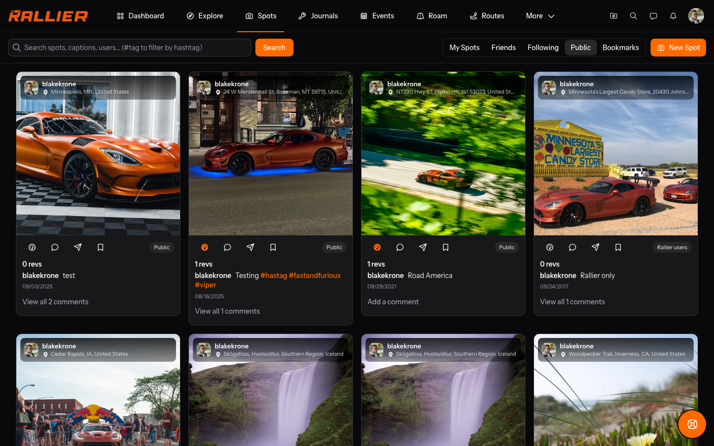 The public spot feed on the web with rev and comment counts on each card