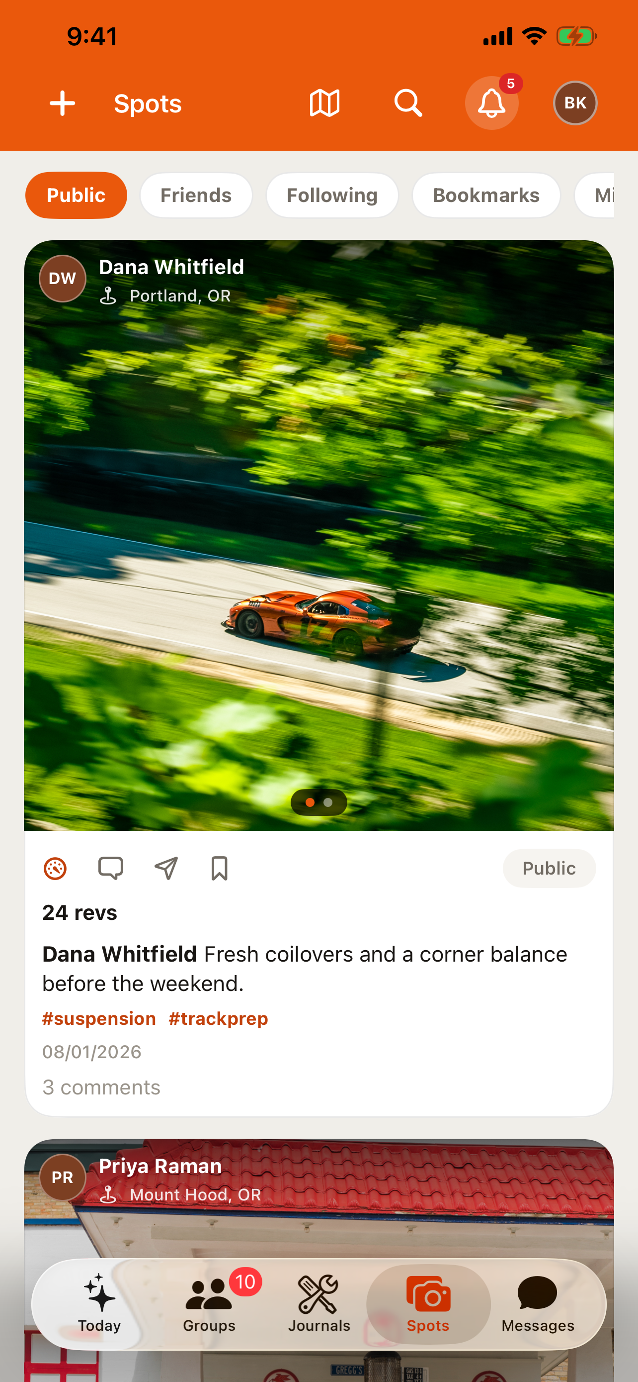 The Spots tab feed in the RALLIER app