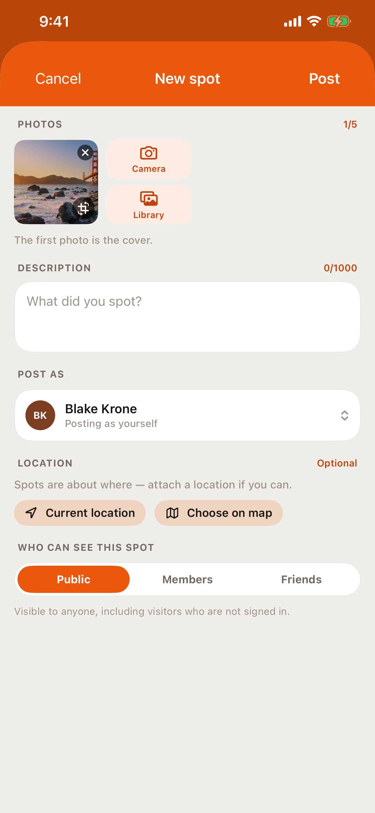 The spot composer in the RALLIER app with a multi-photo carousel mid-compose