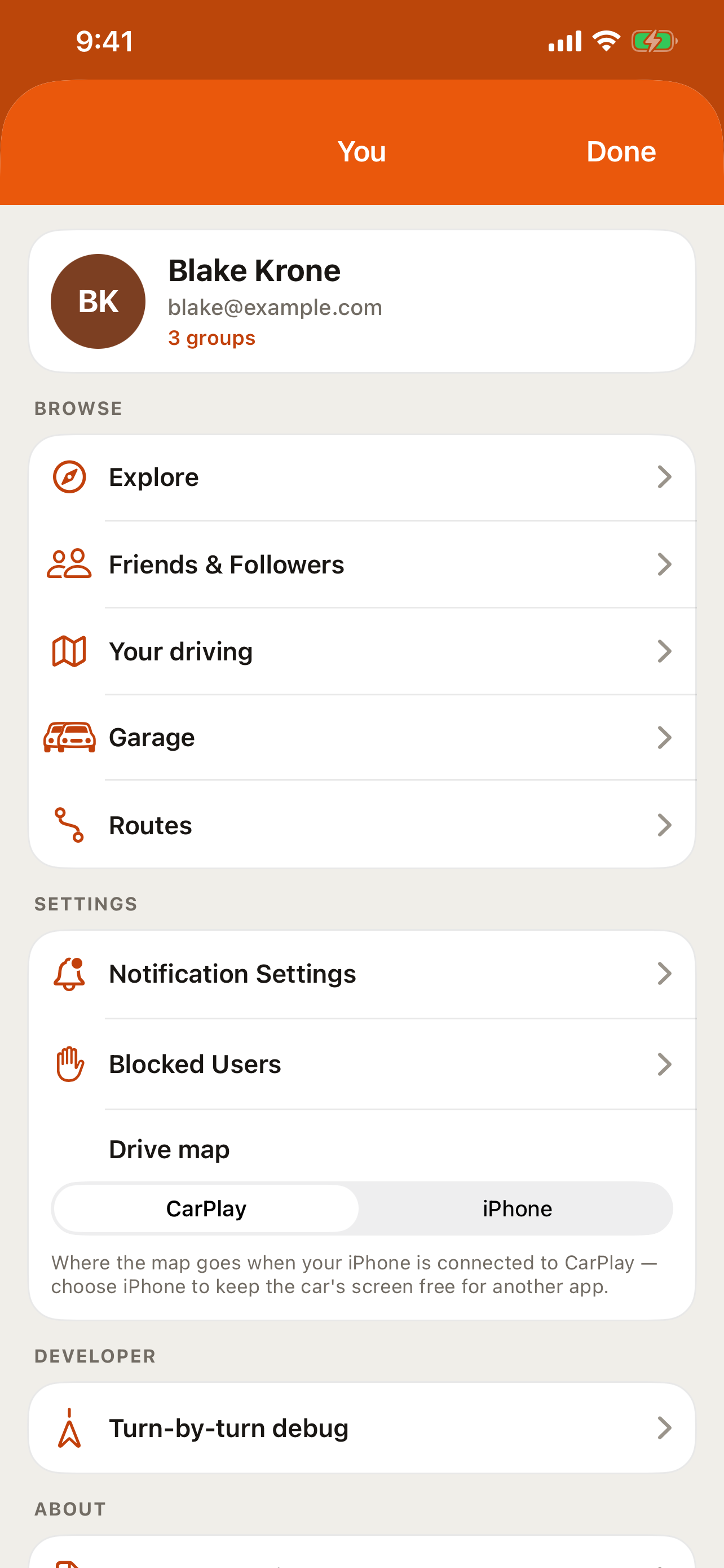 The account menu behind the header avatar in the RALLIER app