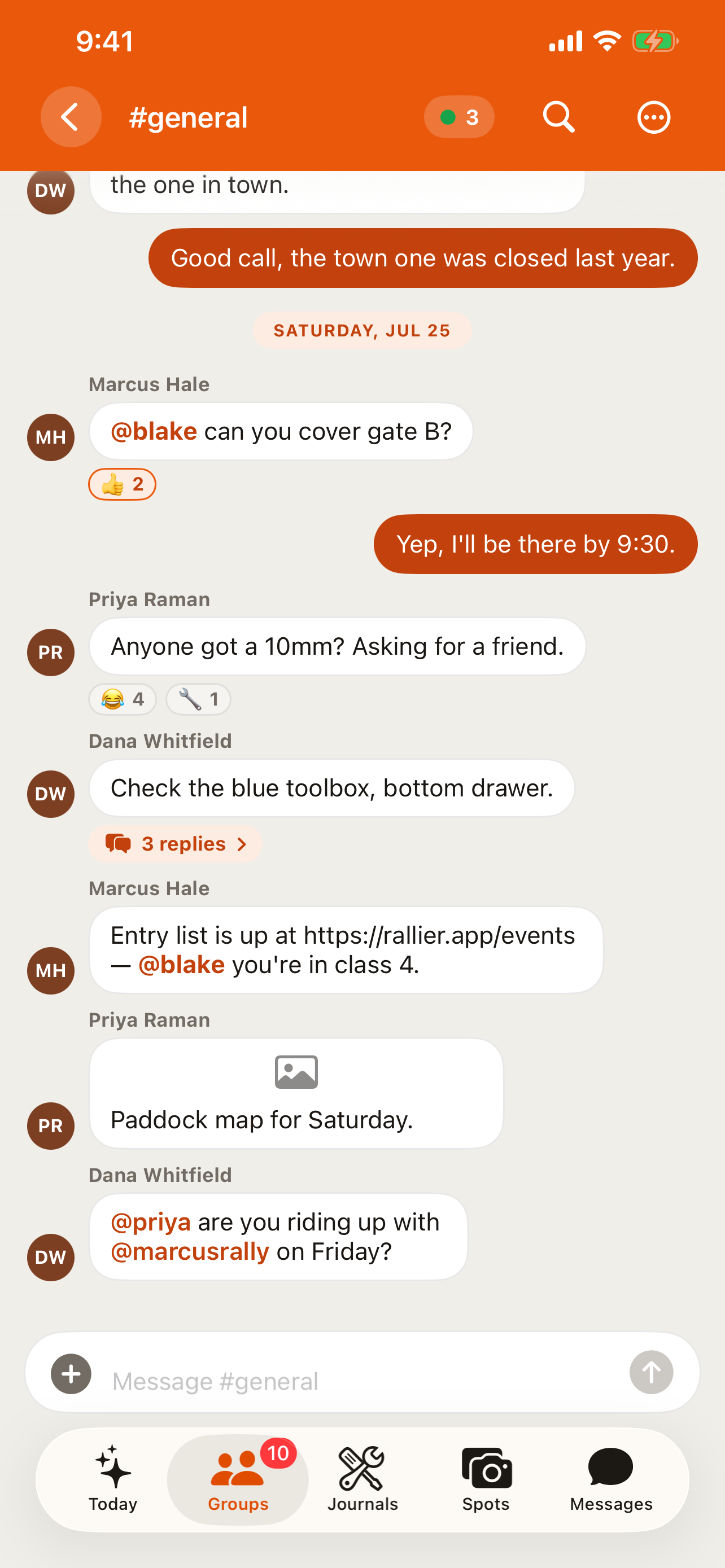 A channel transcript in the RALLIER app with a thread open and reactions on a message