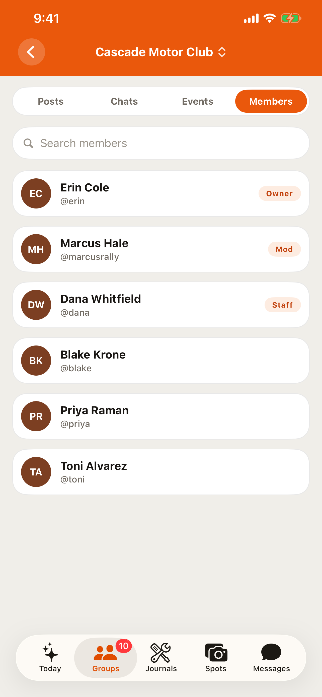 The Members list in the RALLIER app with Owner, Admin, and Moderator role badges