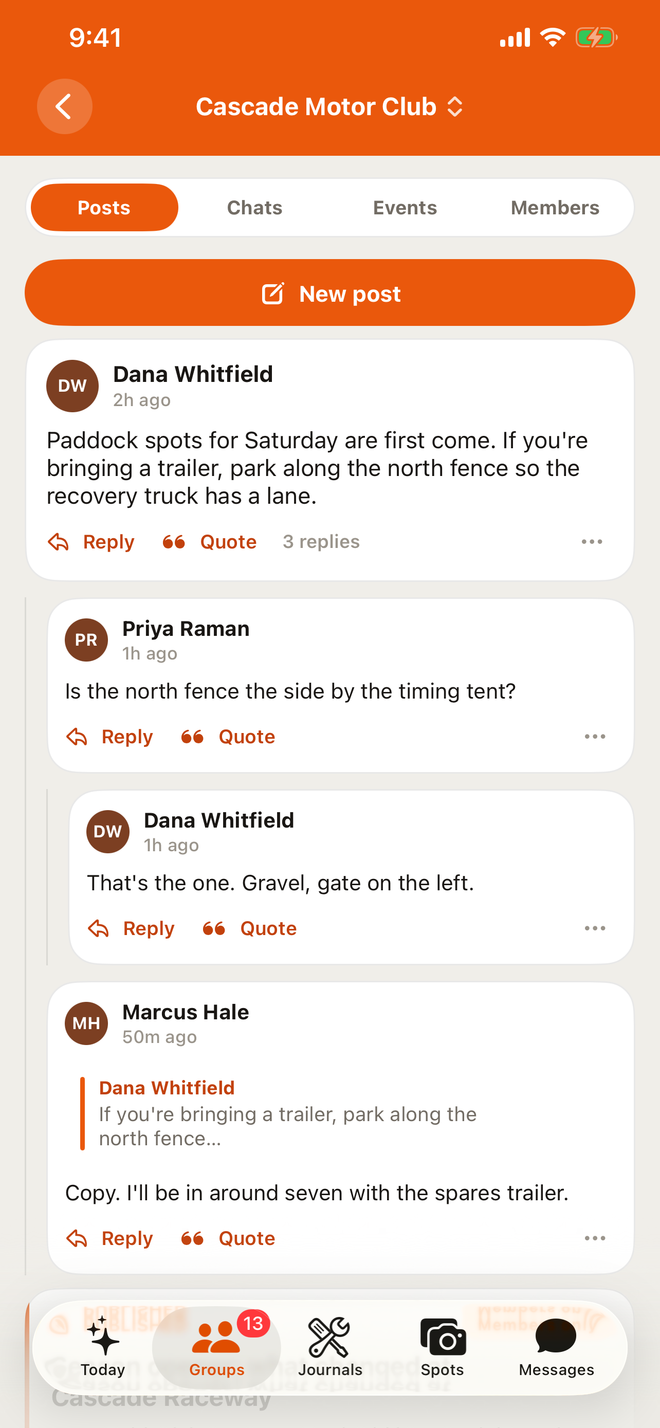 Group Home in the RALLIER app, segmented into Posts, Chats, Events, and Members