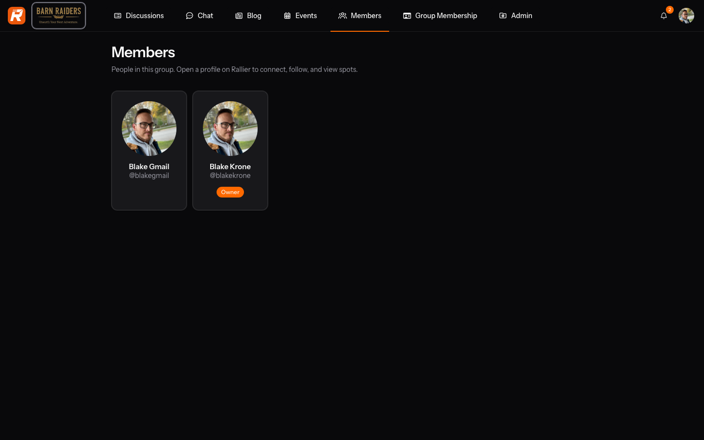 The Members roster on the web with Owner, Admin, and Moderator badges