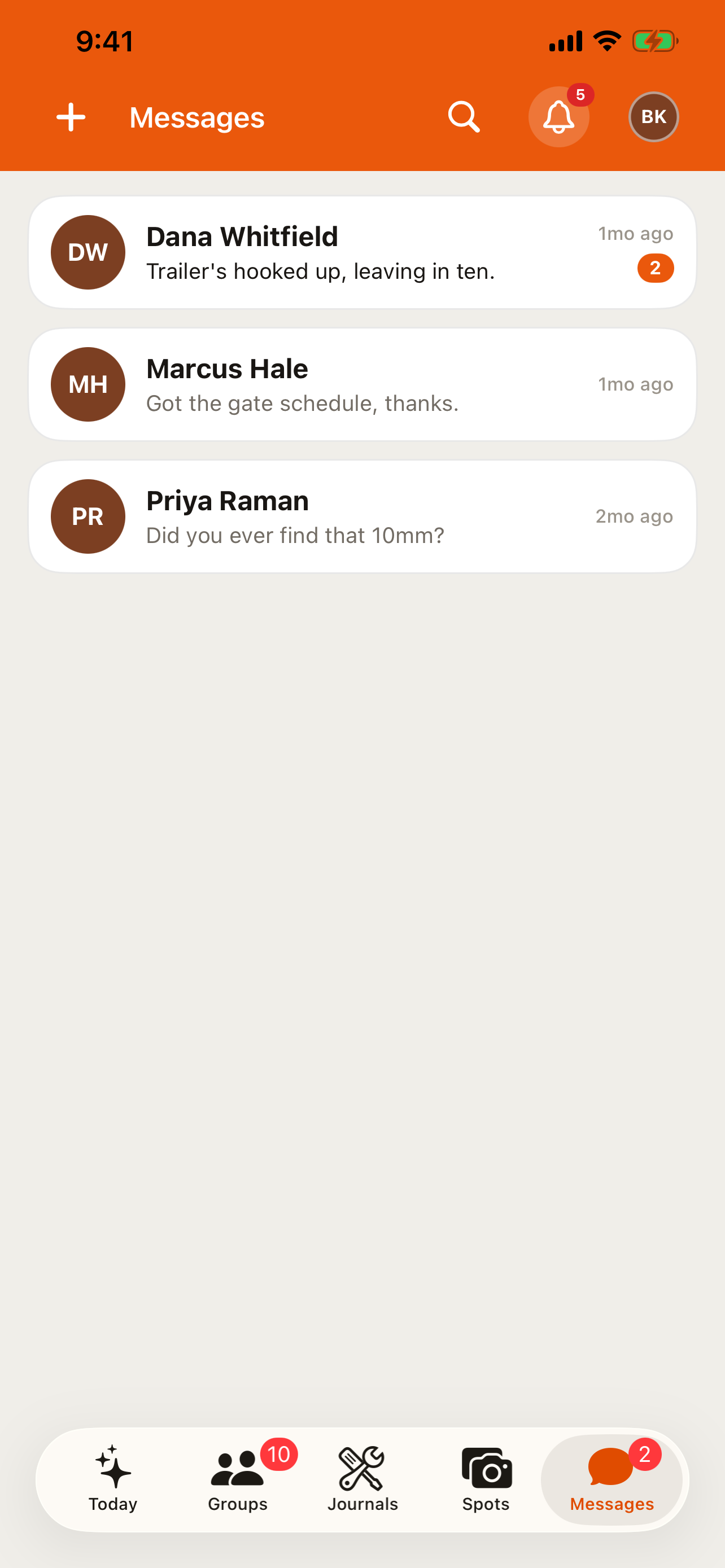 The Messages tab in the RALLIER app, showing the conversation list