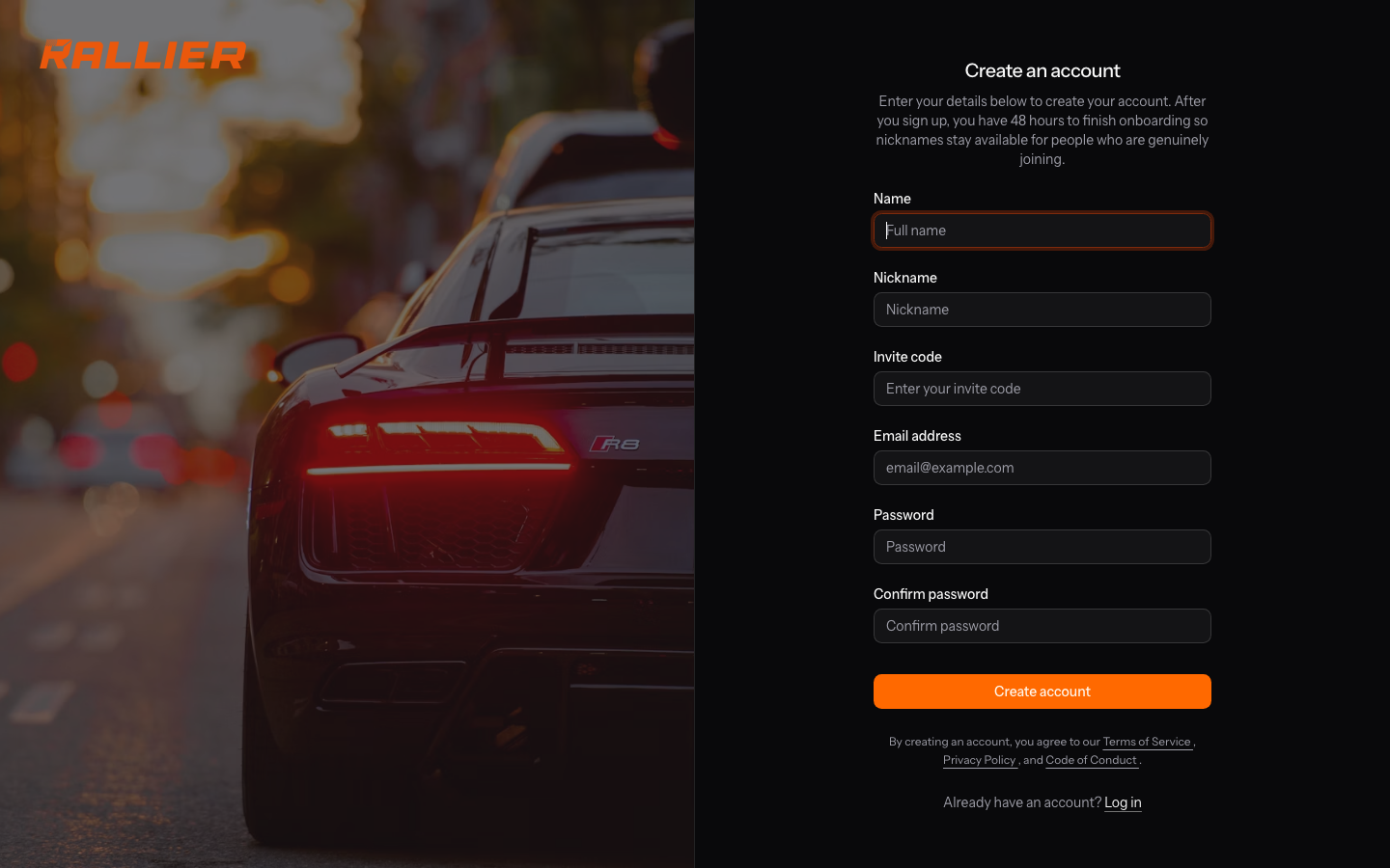 The rallier.app registration form asking for name, email, and password