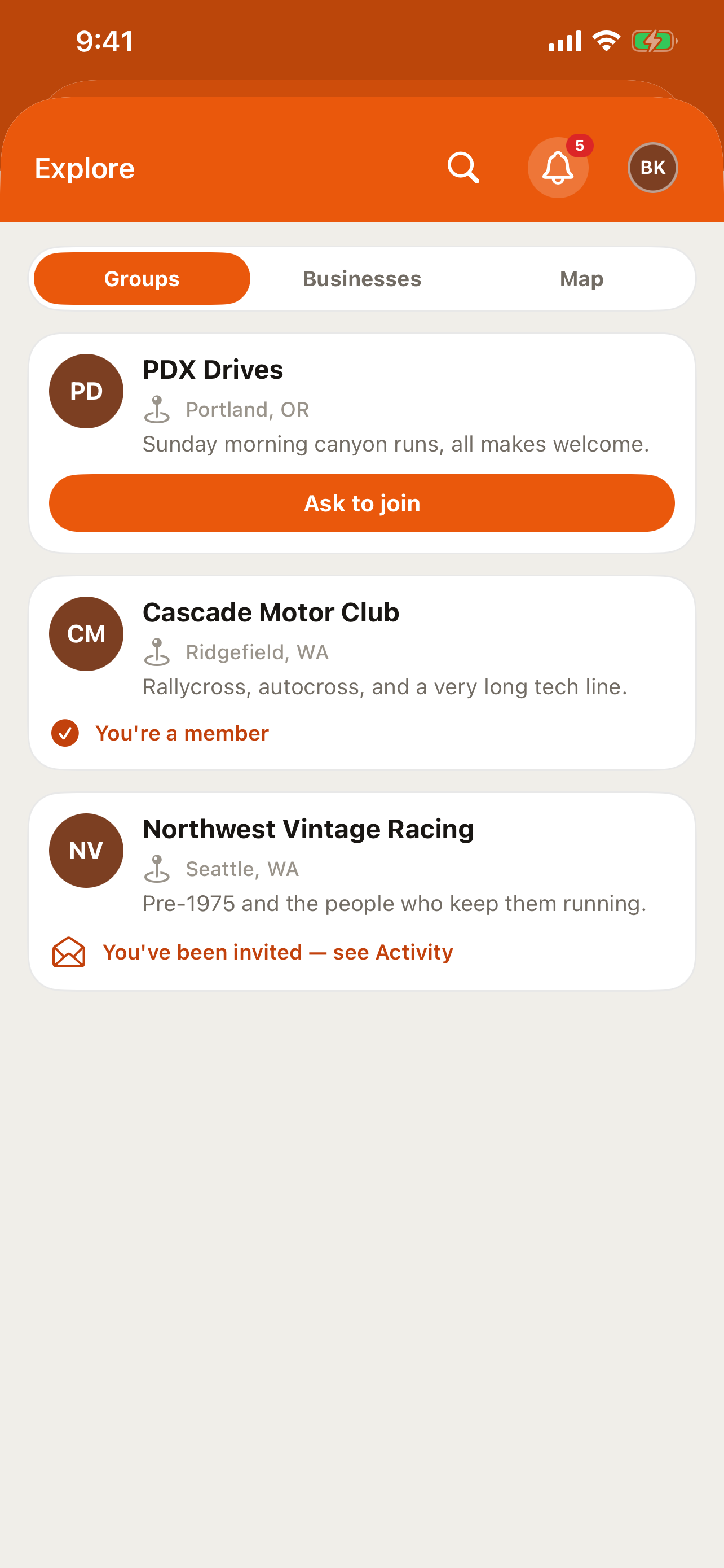 Explore's club directory list in the RALLIER app