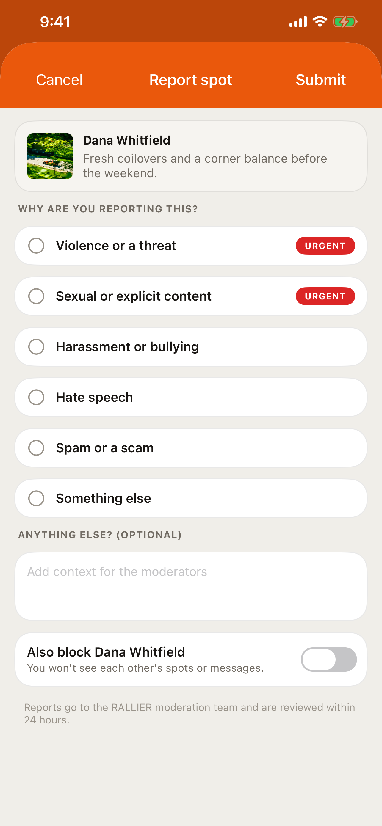 The report sheet in the RALLIER app, with a list of reasons to choose from