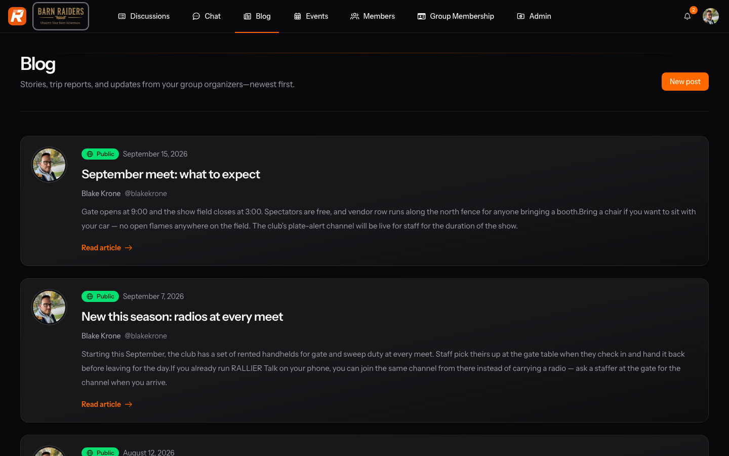 A club's Blog index on the web, listing titled announcement posts