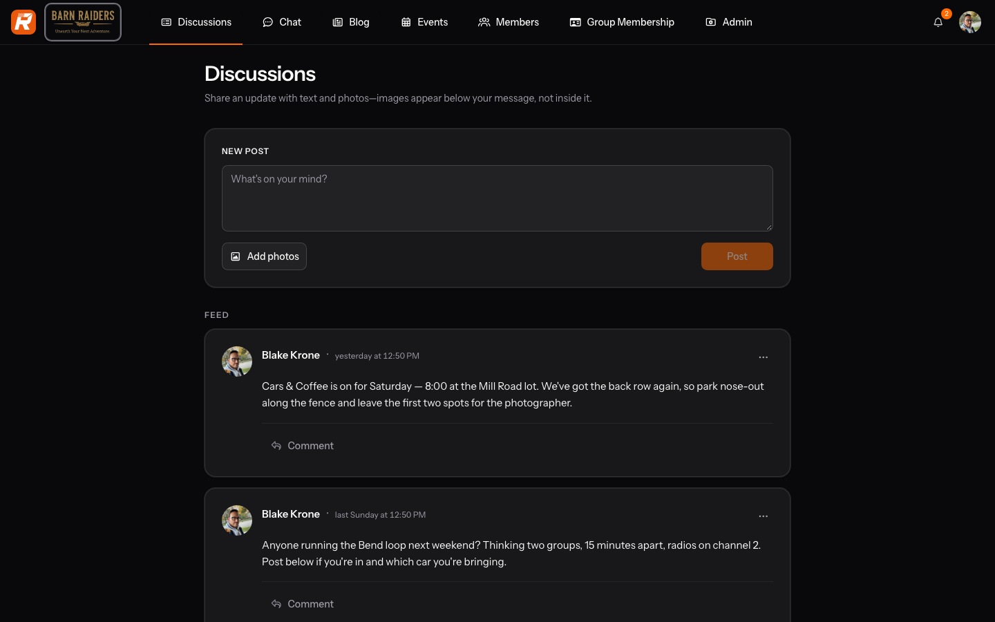 A club's Discussions page on the web with an open topic and a reply