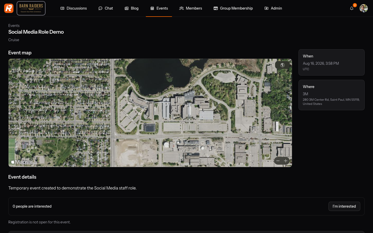 An event page on the web with the I'm interested control and a register or ticket action