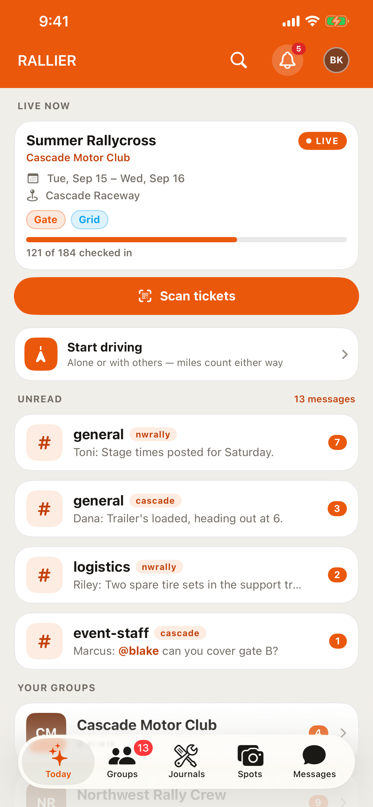 The Today tab's Live now section in the RALLIER app, showing a running event
